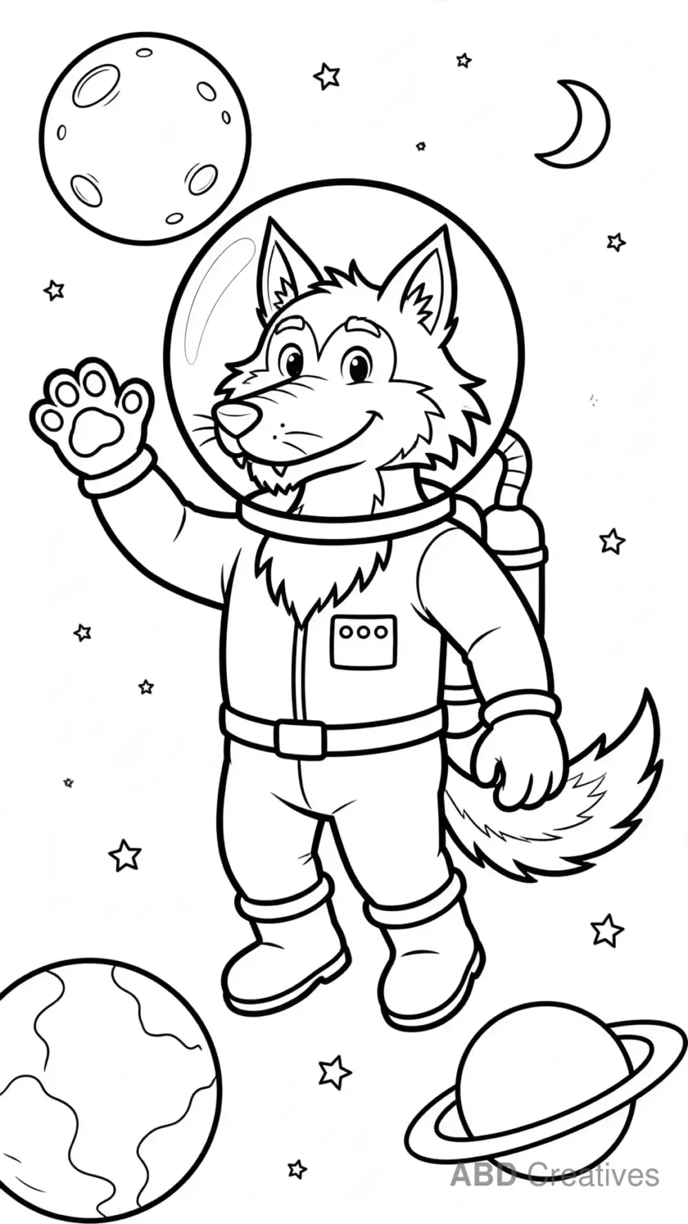 Wolf Astronaut in Space Coloring Page