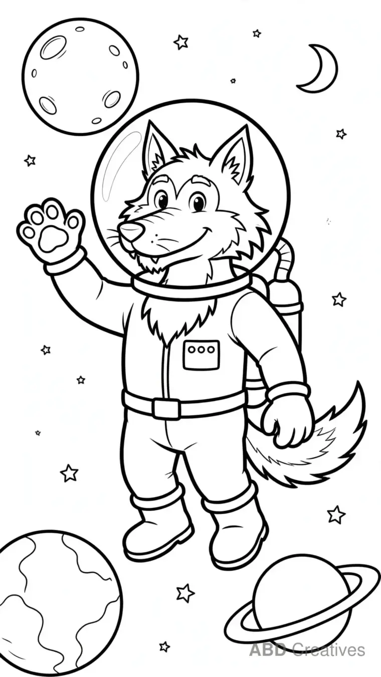 Wolf Astronaut in Space Coloring Page