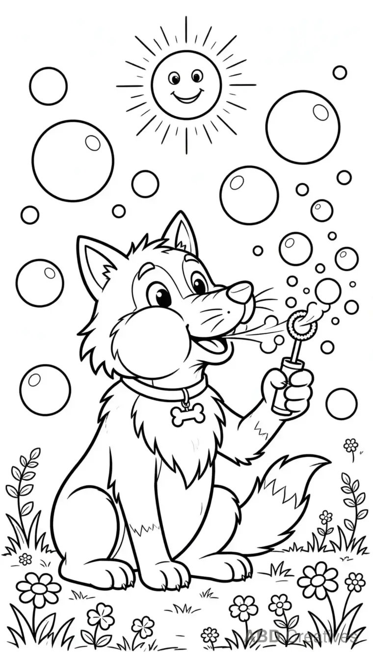 Wolf Blowing Bubbles in a Meadow Coloring Page