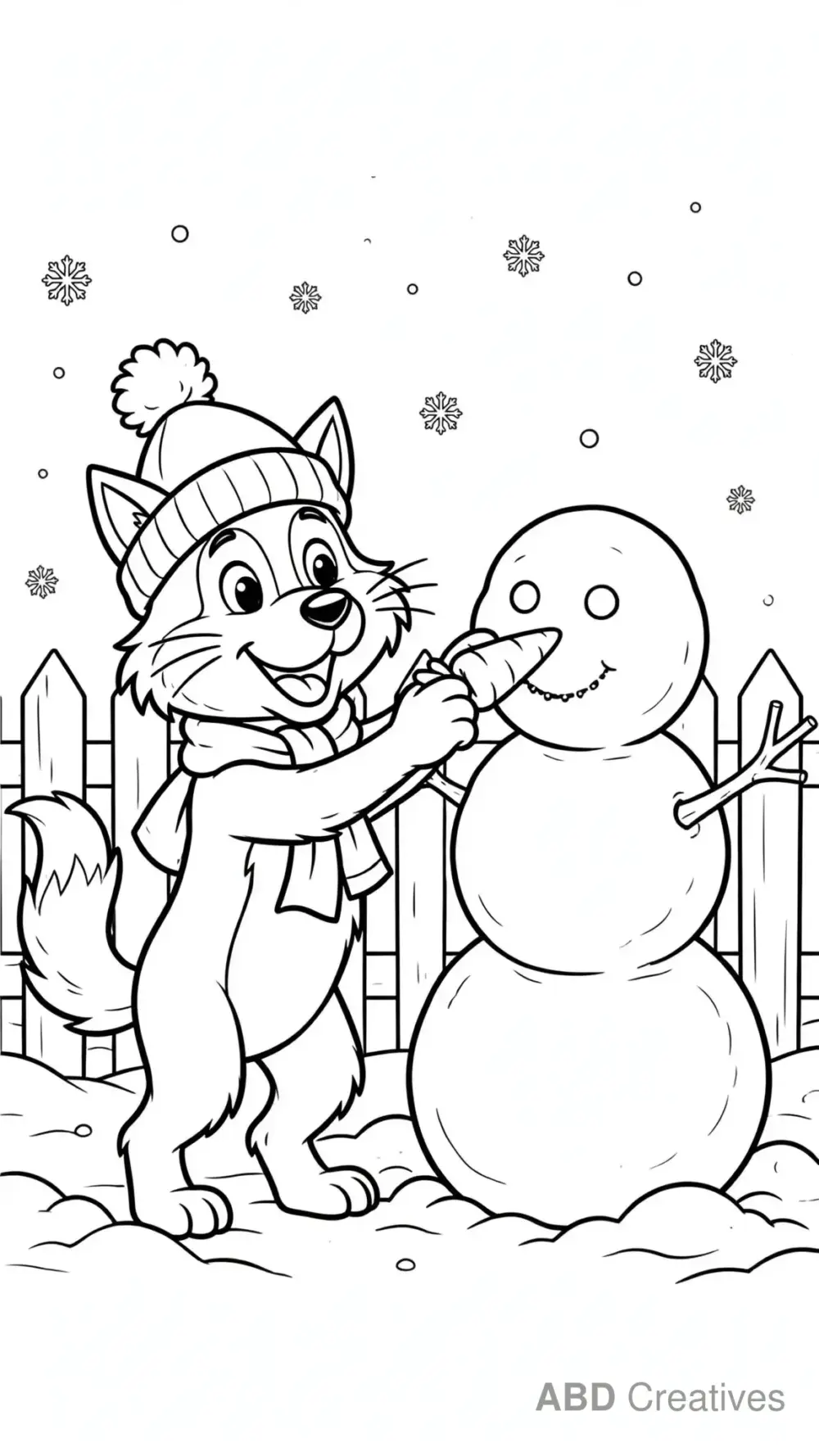 Wolf Building a Snowman Coloring Page