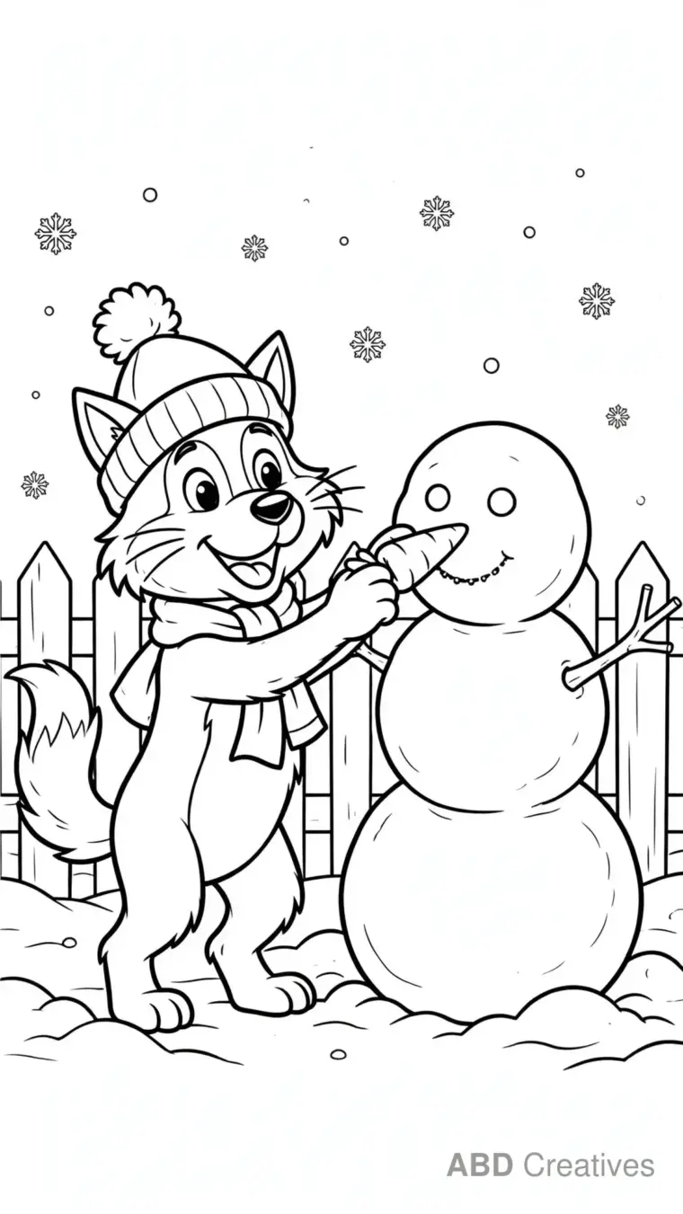 Wolf Building a Snowman Coloring Page