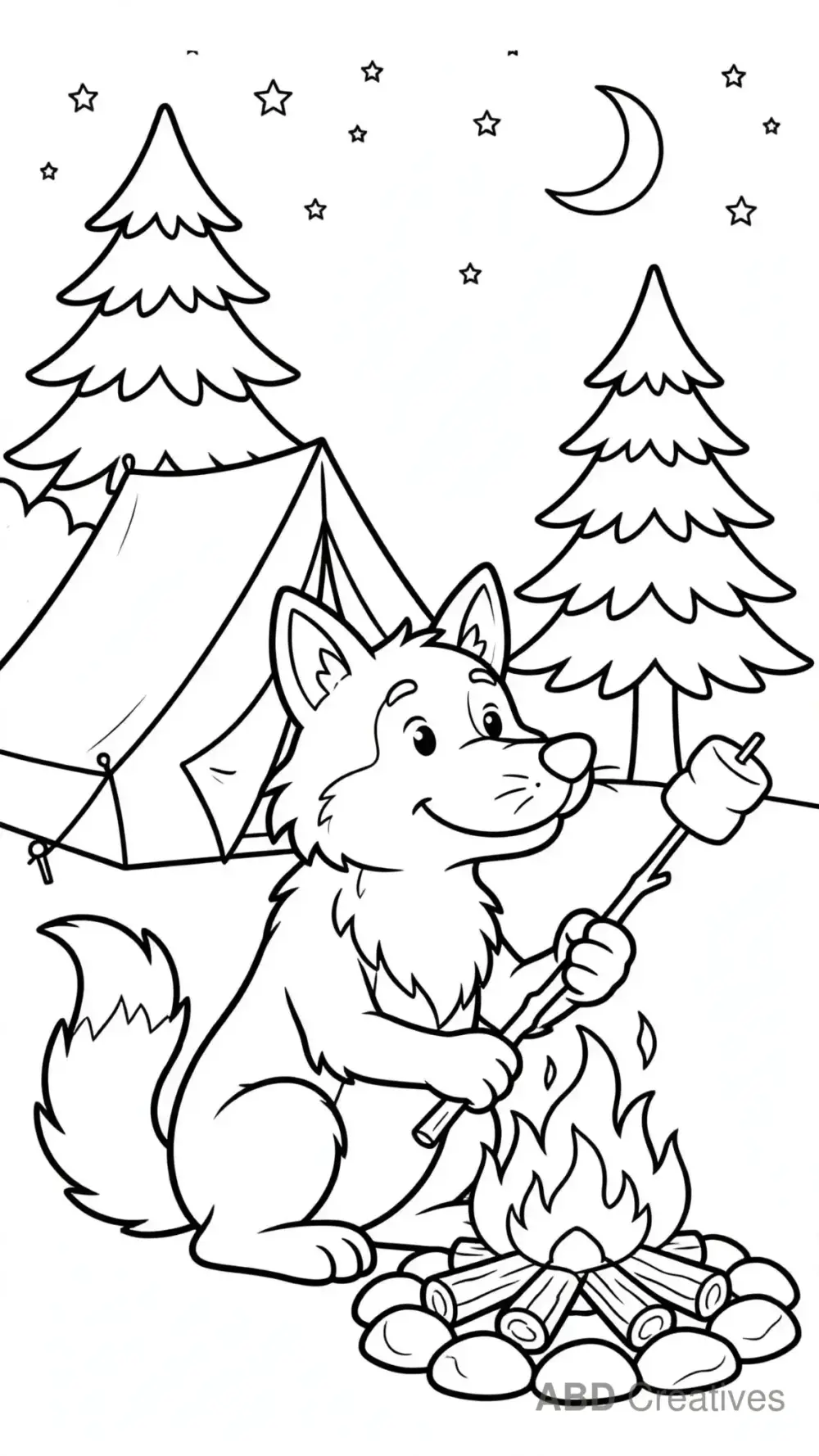 Wolf Camping Under the Stars Coloring Page