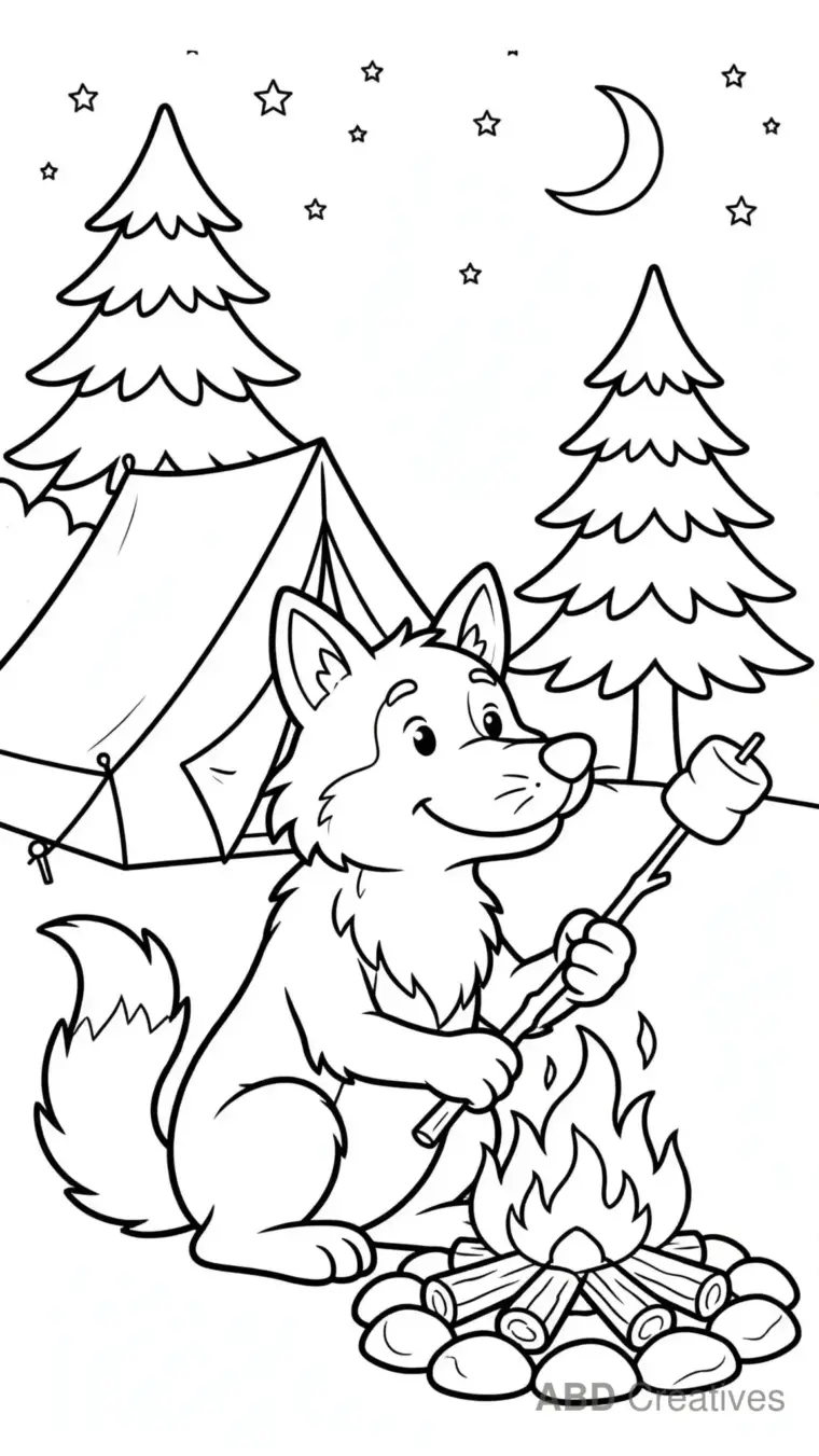 Wolf Camping Under the Stars Coloring Page