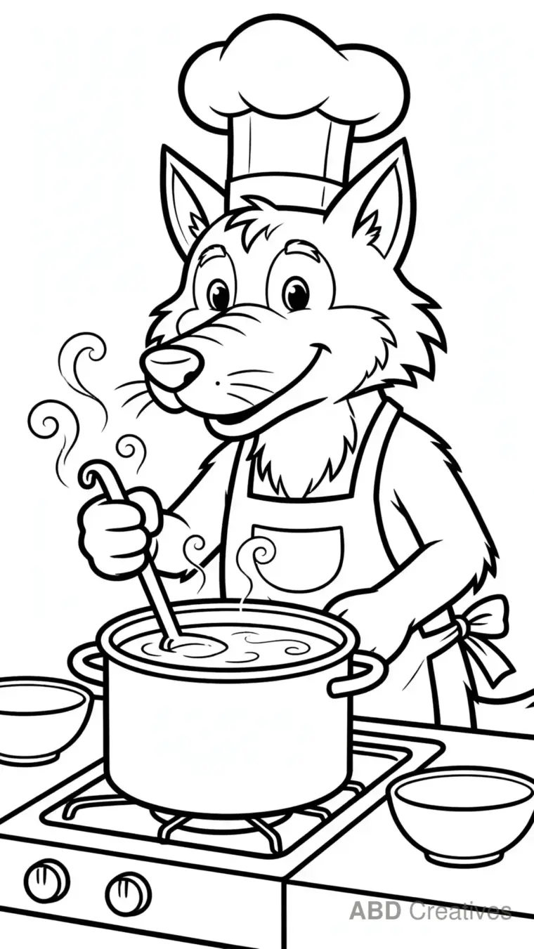 Wolf Chef Cooking Soup Coloring Page