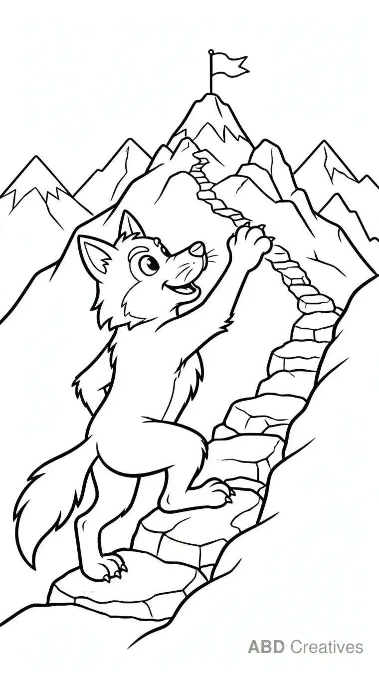 Wolf Climbing a Rocky Mountain Coloring Page