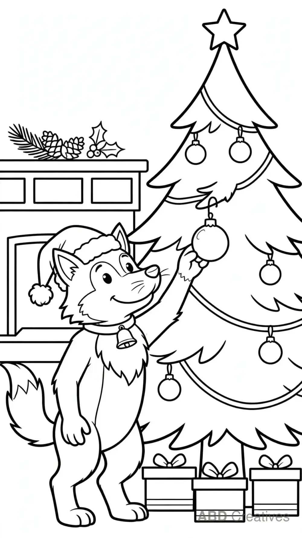 Wolf Decorating a Christmas Tree Coloring Page