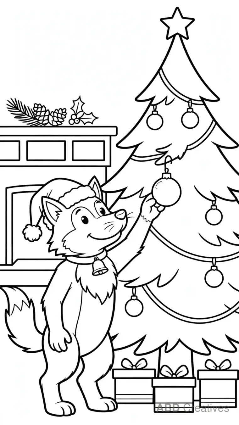Wolf Decorating a Christmas Tree Coloring Page