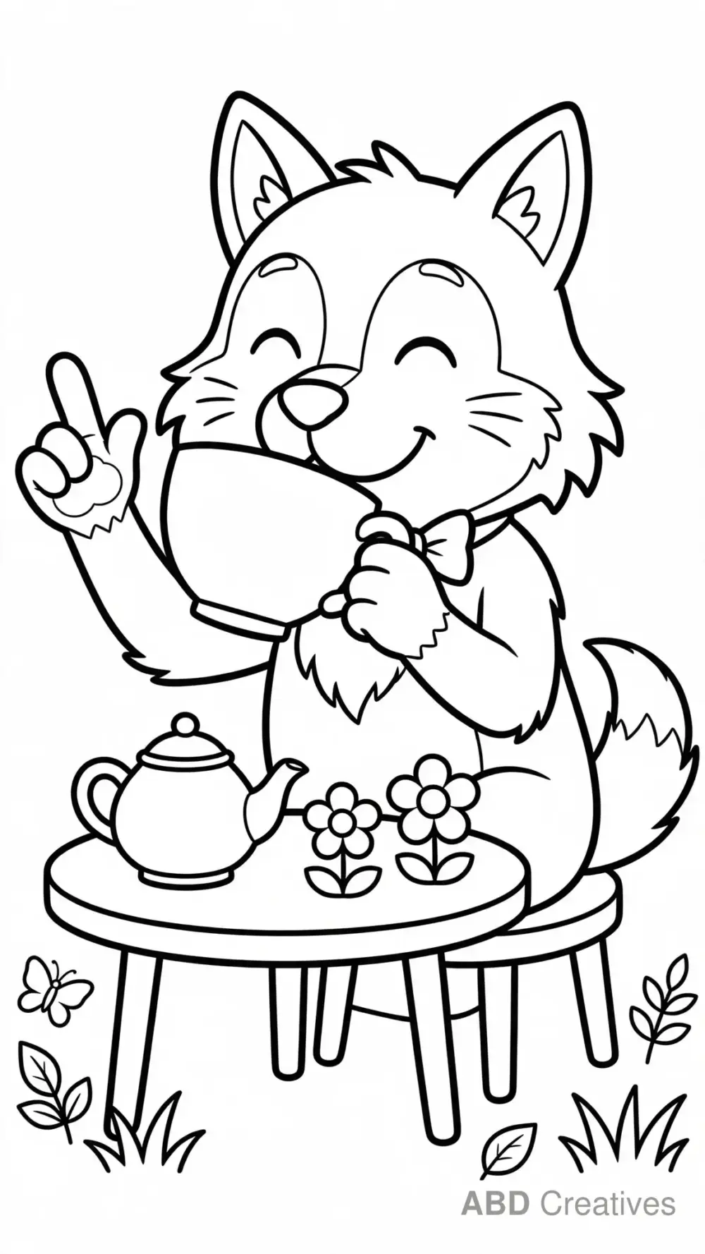 Wolf Drinking from a Teacup Coloring Page