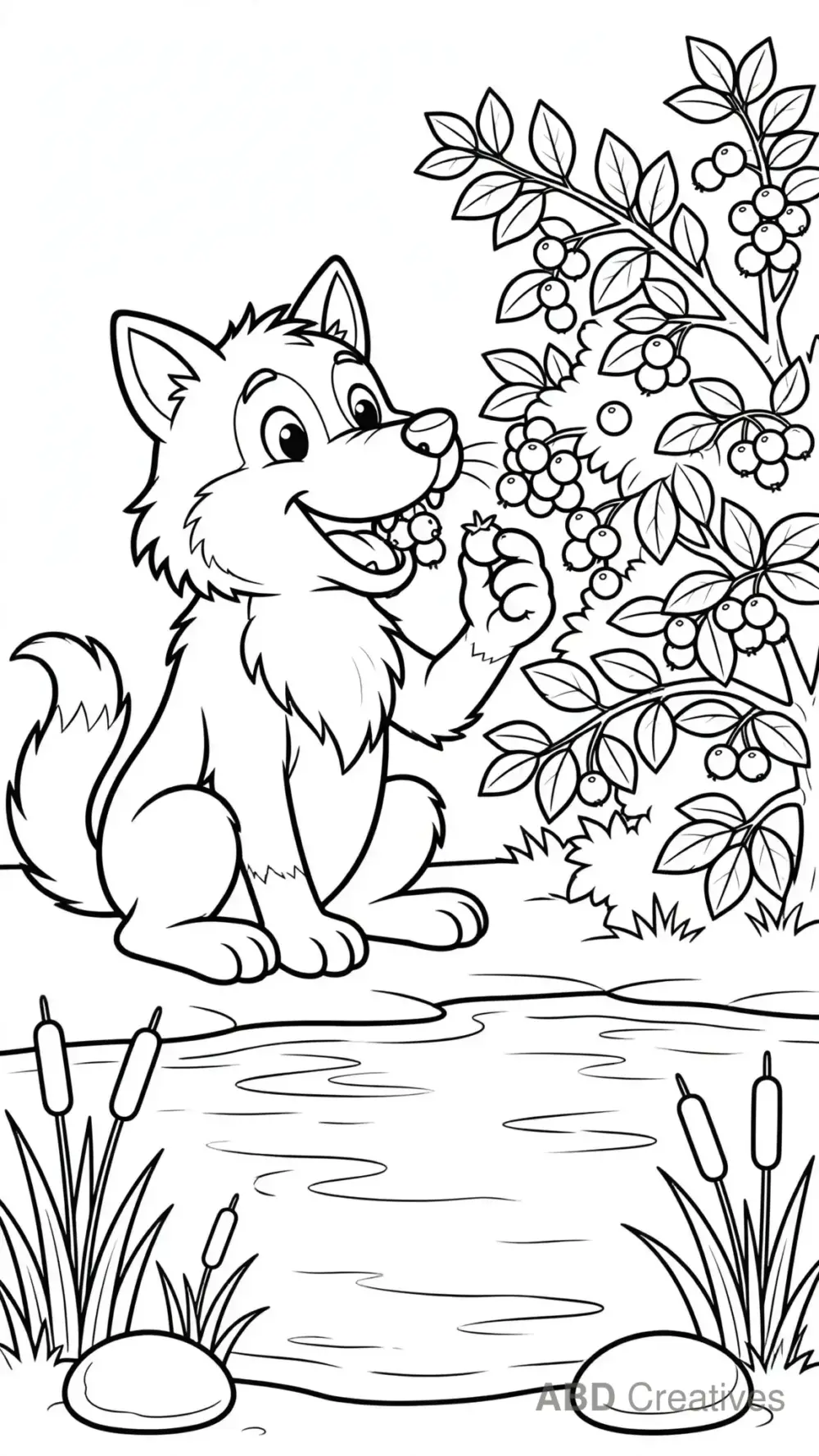 Wolf Eating Berries by a Lake Coloring Page