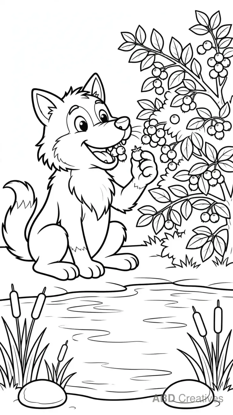 Wolf Eating Berries by a Lake Coloring Page
