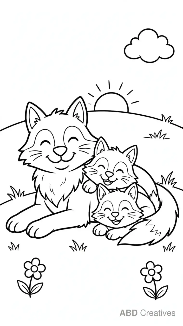 Wolf Family on a Hilltop Coloring Page