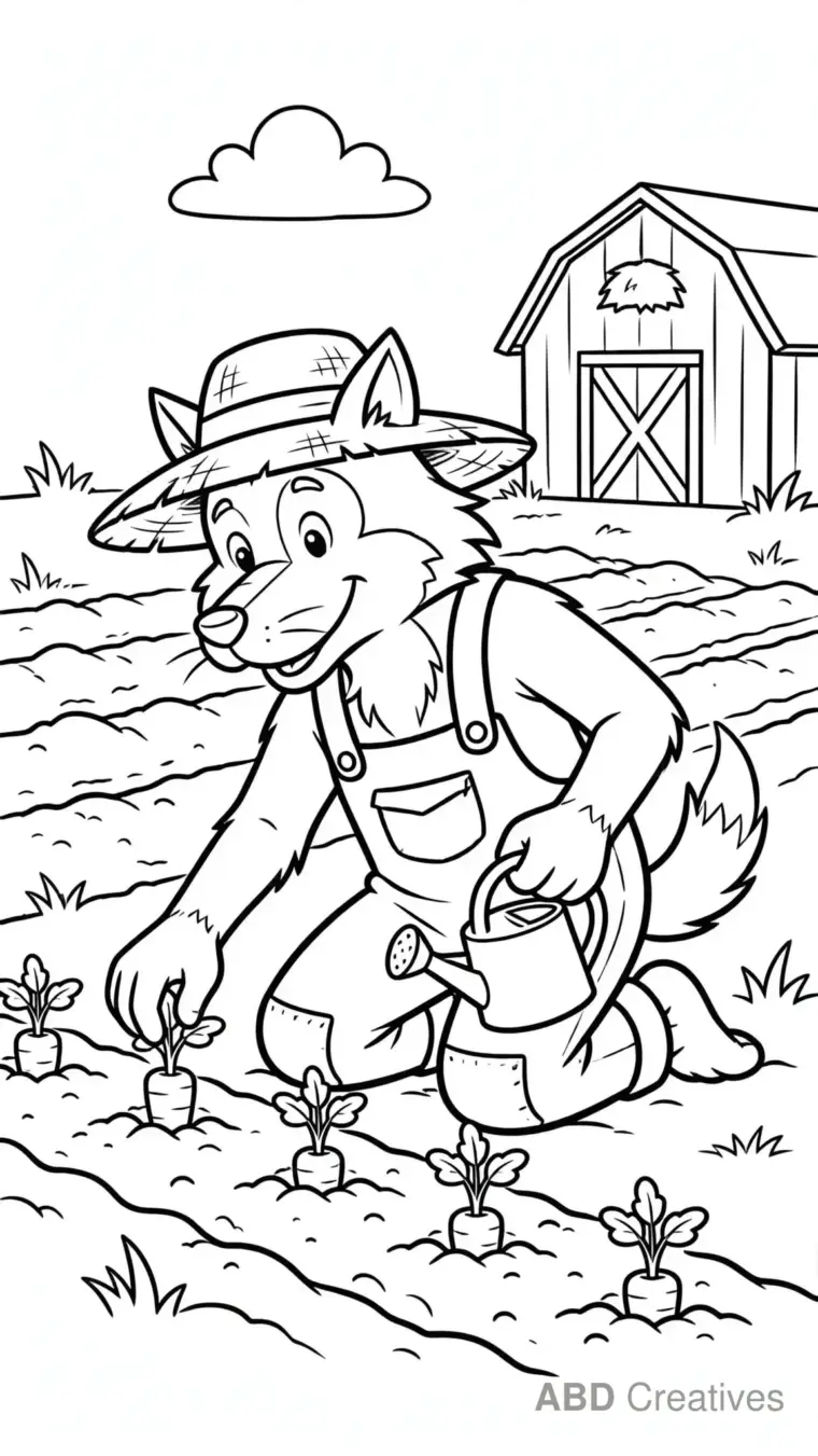 Wolf Farmer Planting Carrots Coloring Page