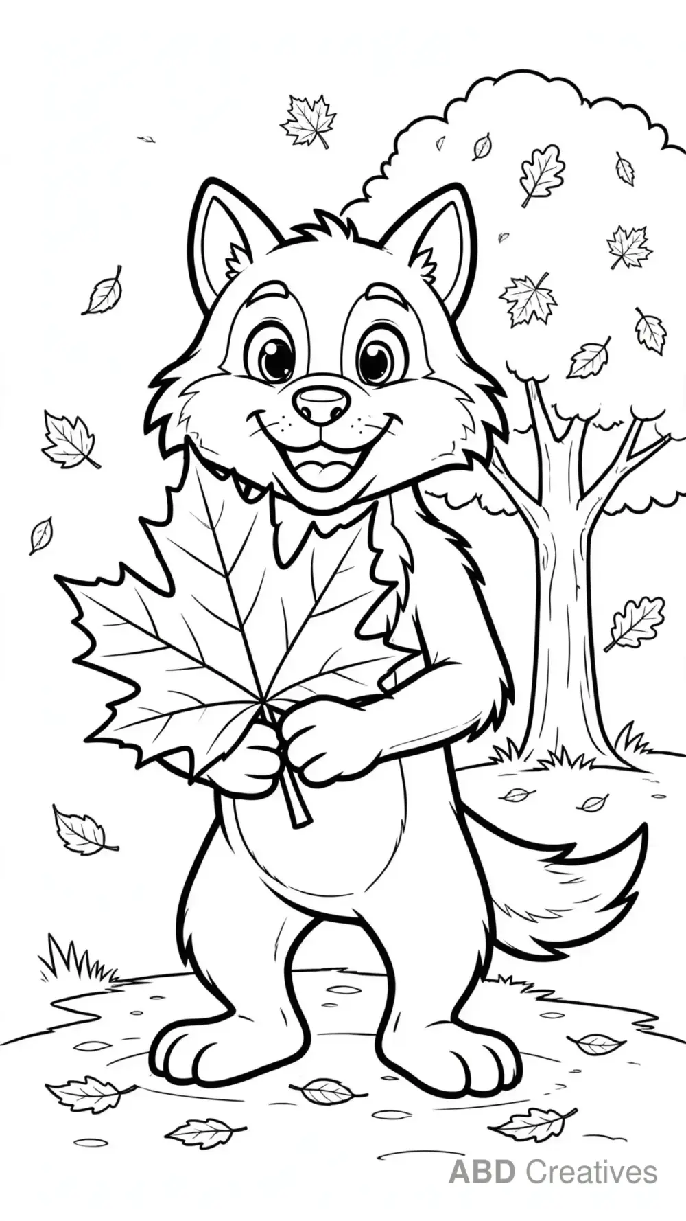 Wolf Holding a Big Leaf Coloring Page
