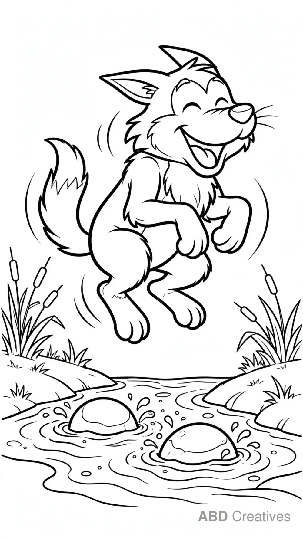 Wolf Jumping Over Rocks in a Stream Coloring Page