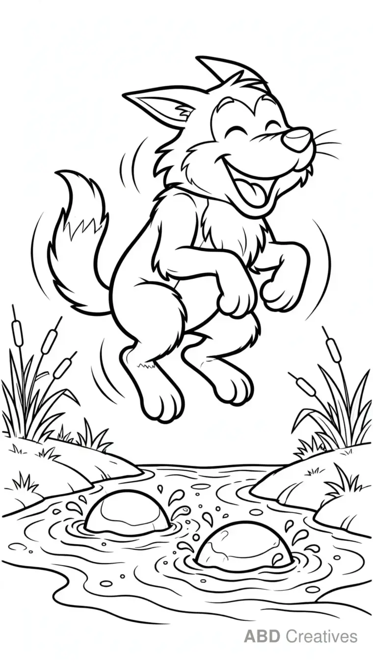 Wolf Jumping Over Rocks in a Stream Coloring Page