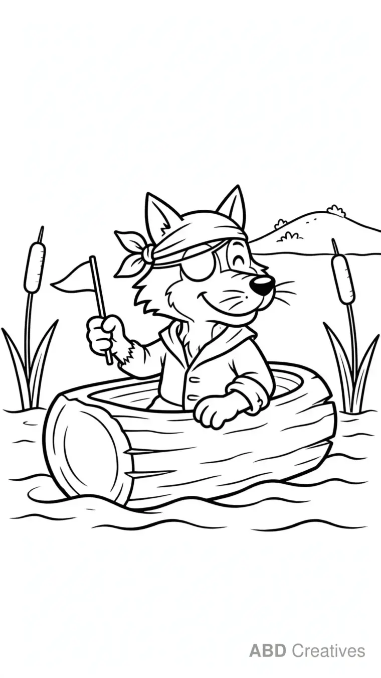 Wolf Pirate Sailing a Log Boat Coloring Page