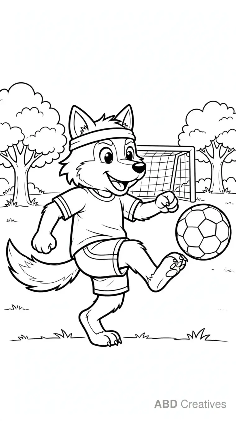 Wolf Playing Soccer in the Park Coloring Page