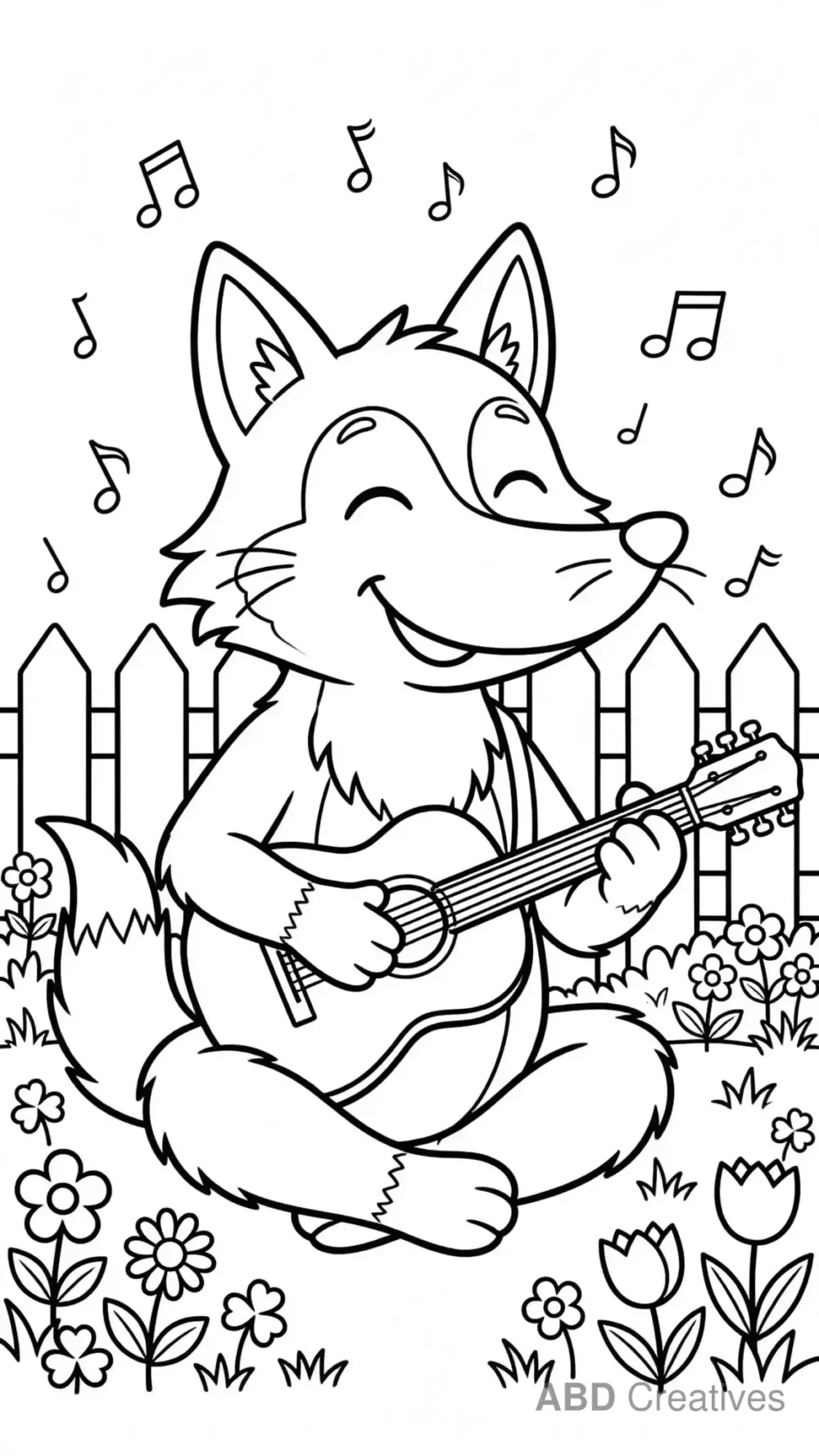 Wolf Playing a Guitar in the Garden Coloring Page