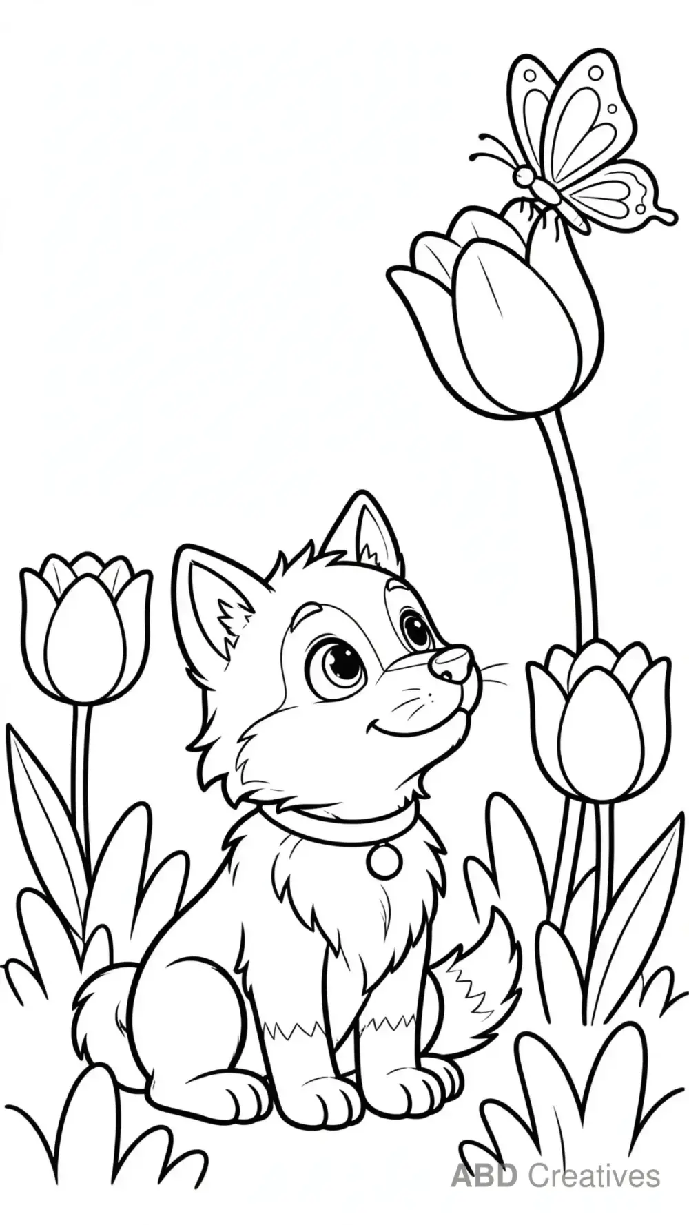 Wolf Puppy with a Butterfly Coloring Page
