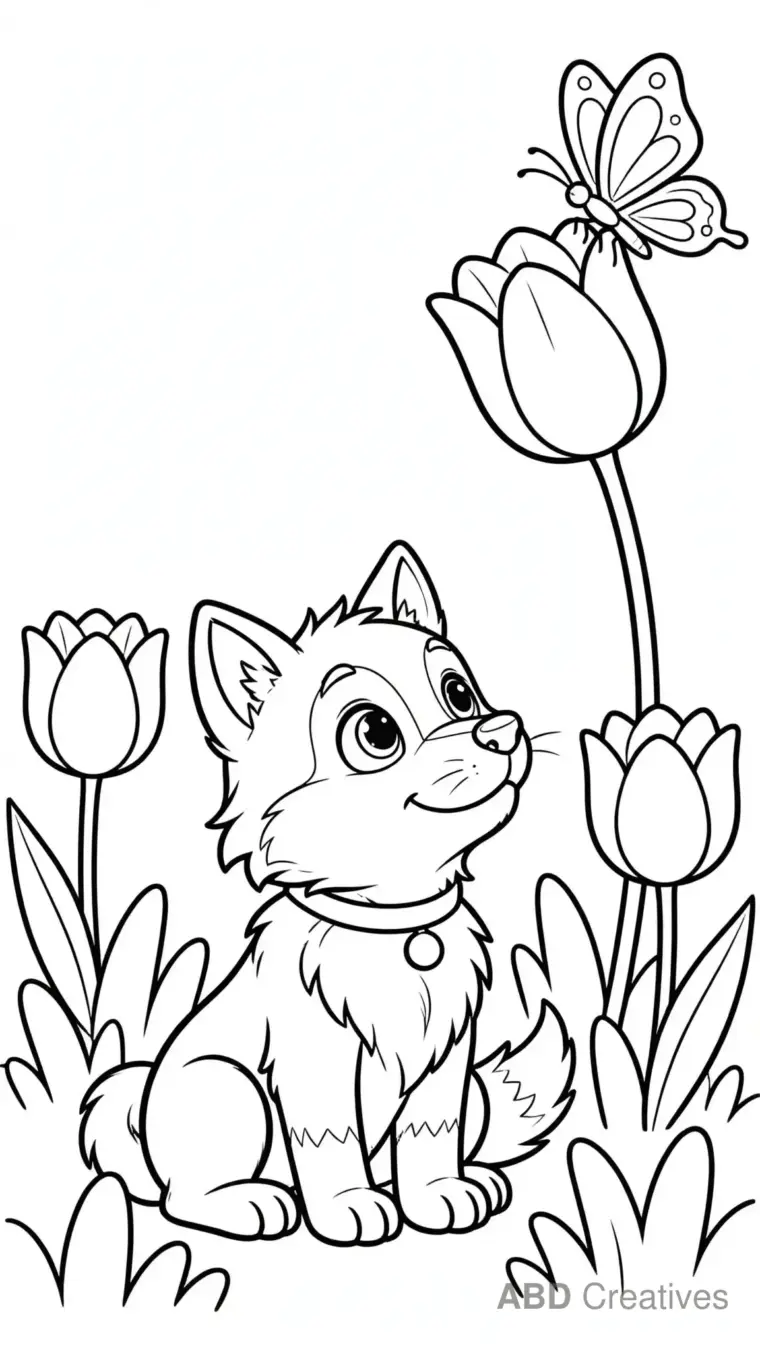 Wolf Puppy with a Butterfly Coloring Page