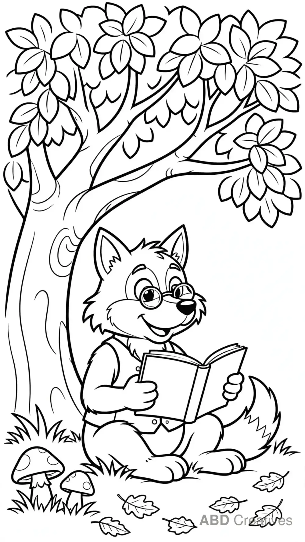 Wolf Reading a Book Under a Tree Coloring Page