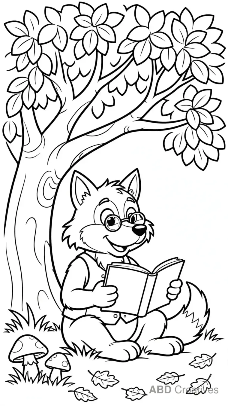 Wolf Reading a Book Under a Tree Coloring Page