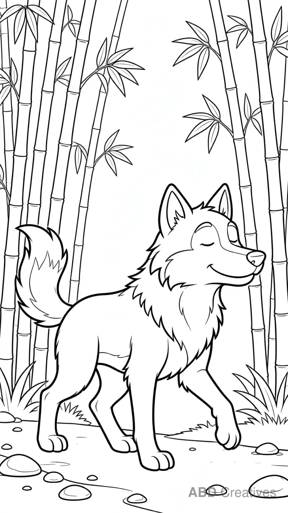 Wolf Walking in a Bamboo Grove Coloring Page