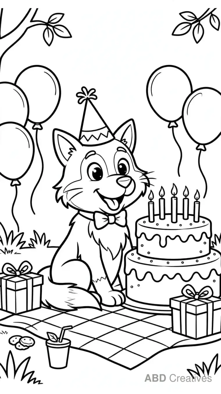 Wolf at a Birthday Picnic Coloring Page