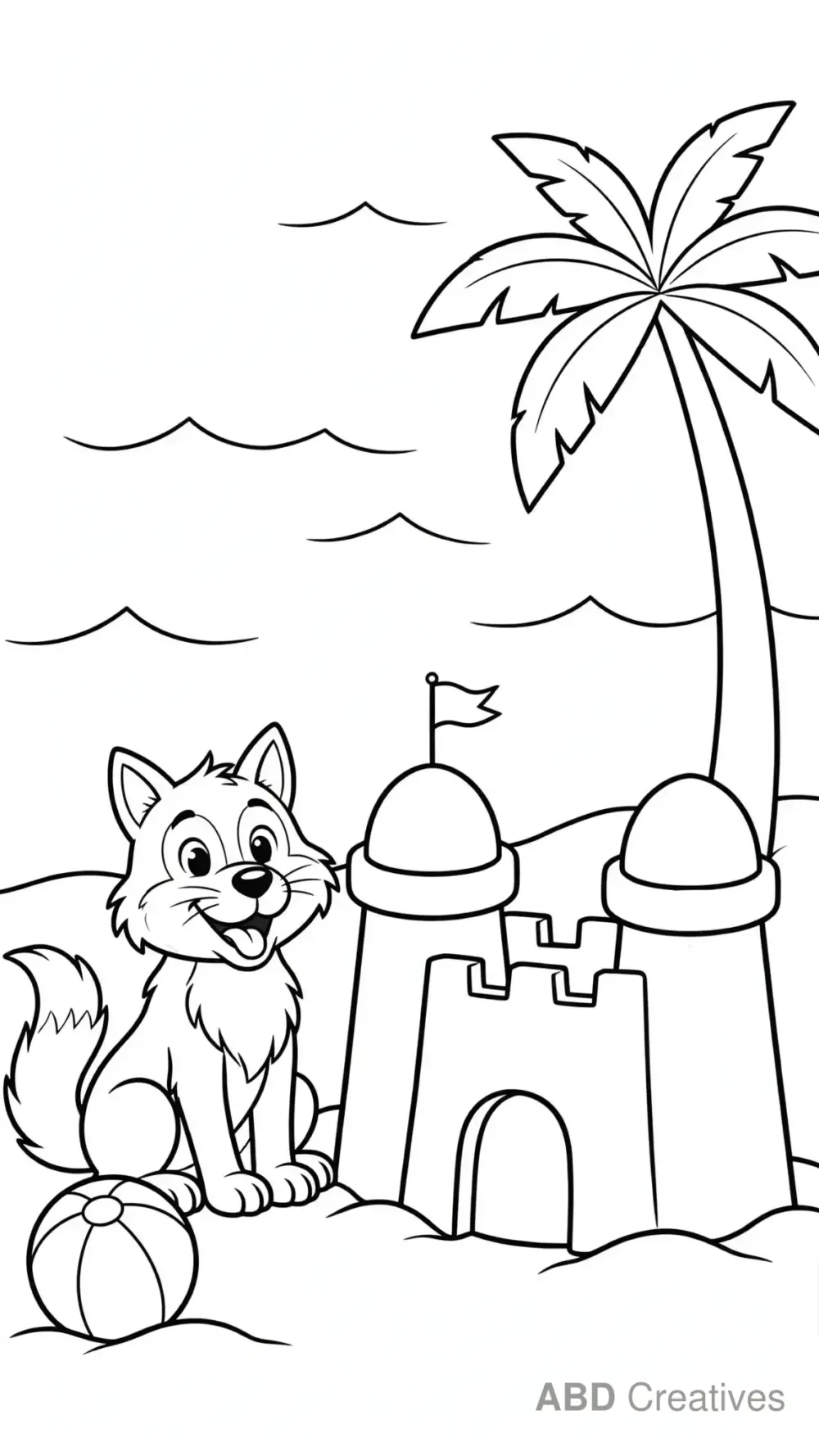 Wolf at the Beach with a Sandcastle Coloring Page