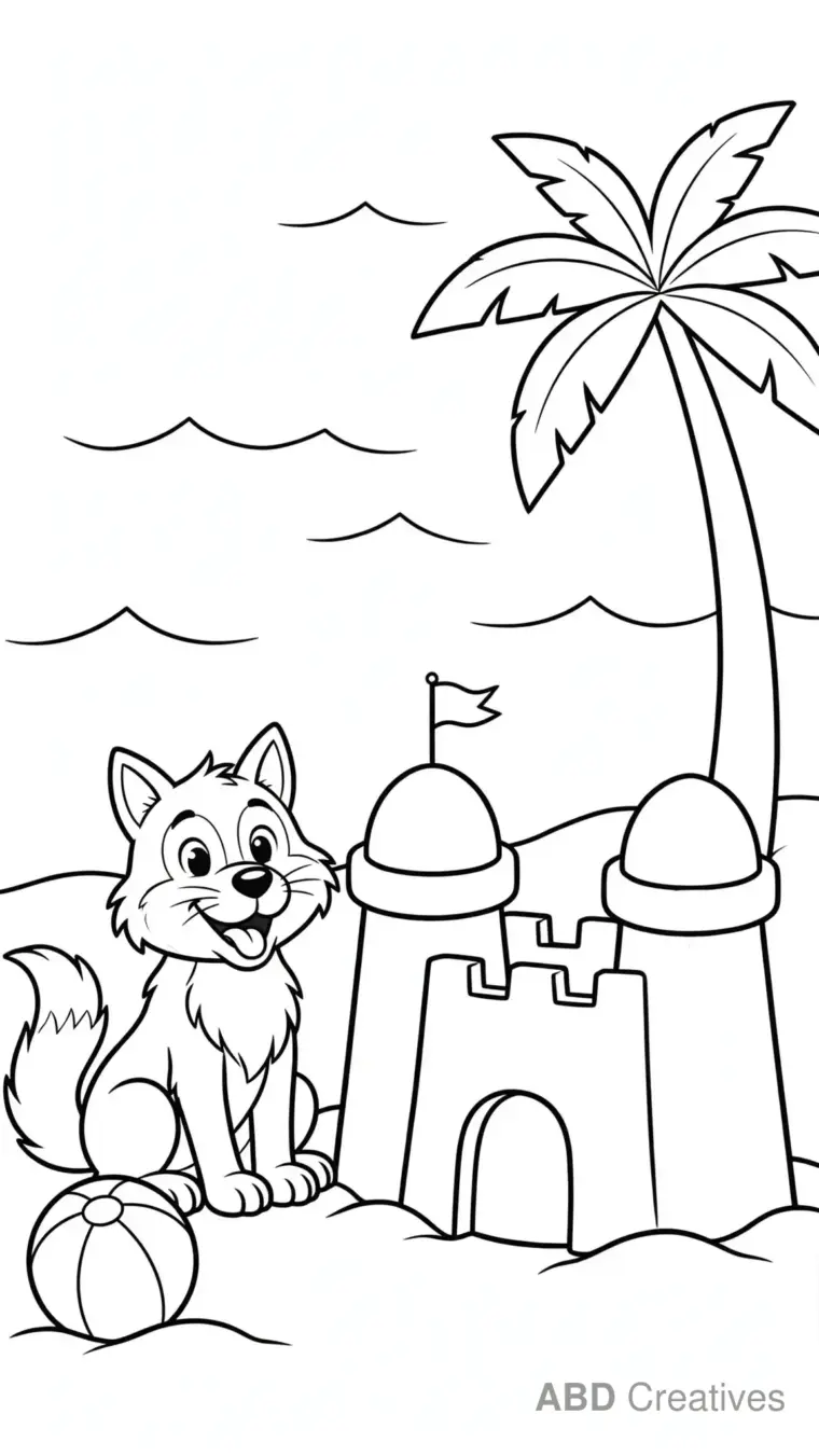 Wolf at the Beach with a Sandcastle Coloring Page