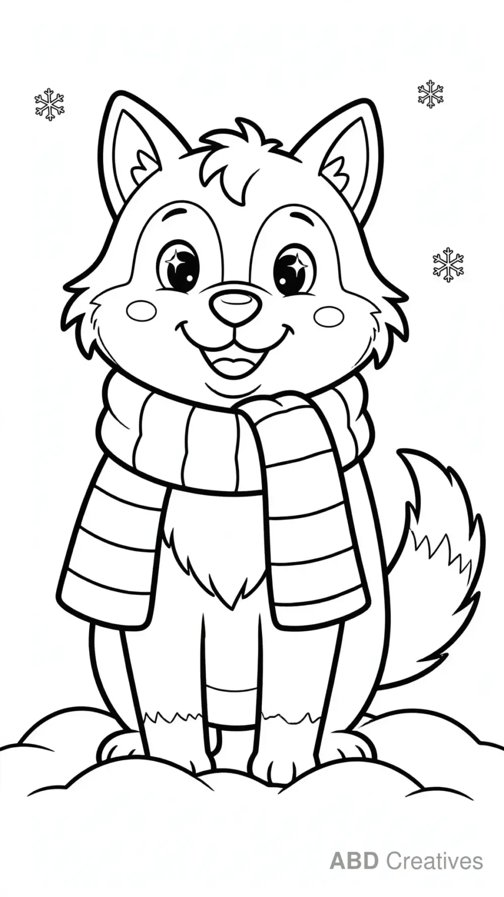 Wolf in Winter Snow Wearing a Scarf Coloring Page