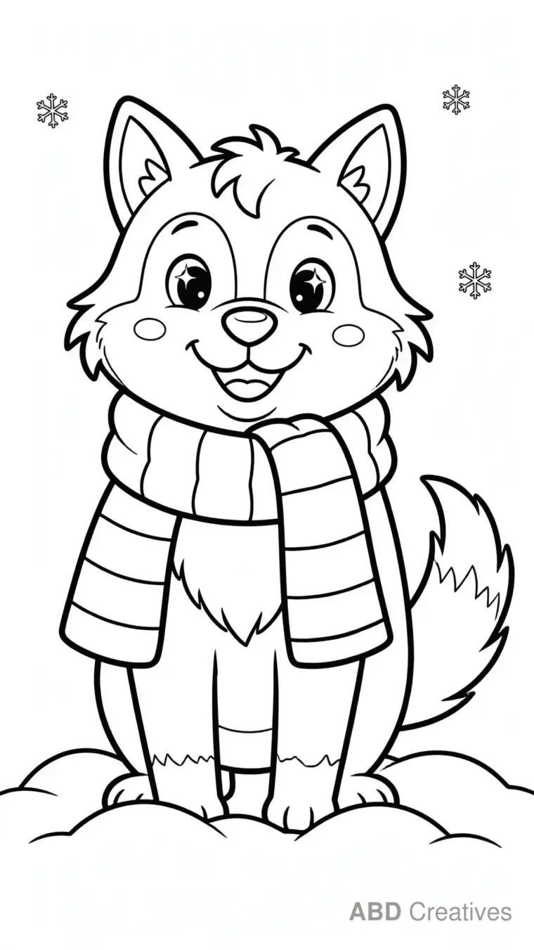 Wolf in Winter Snow Wearing a Scarf Coloring Page