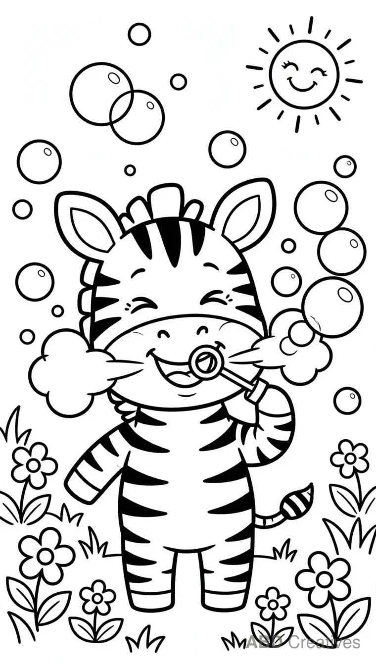 Zebra Blowing Bubbles in a Garden Coloring Page