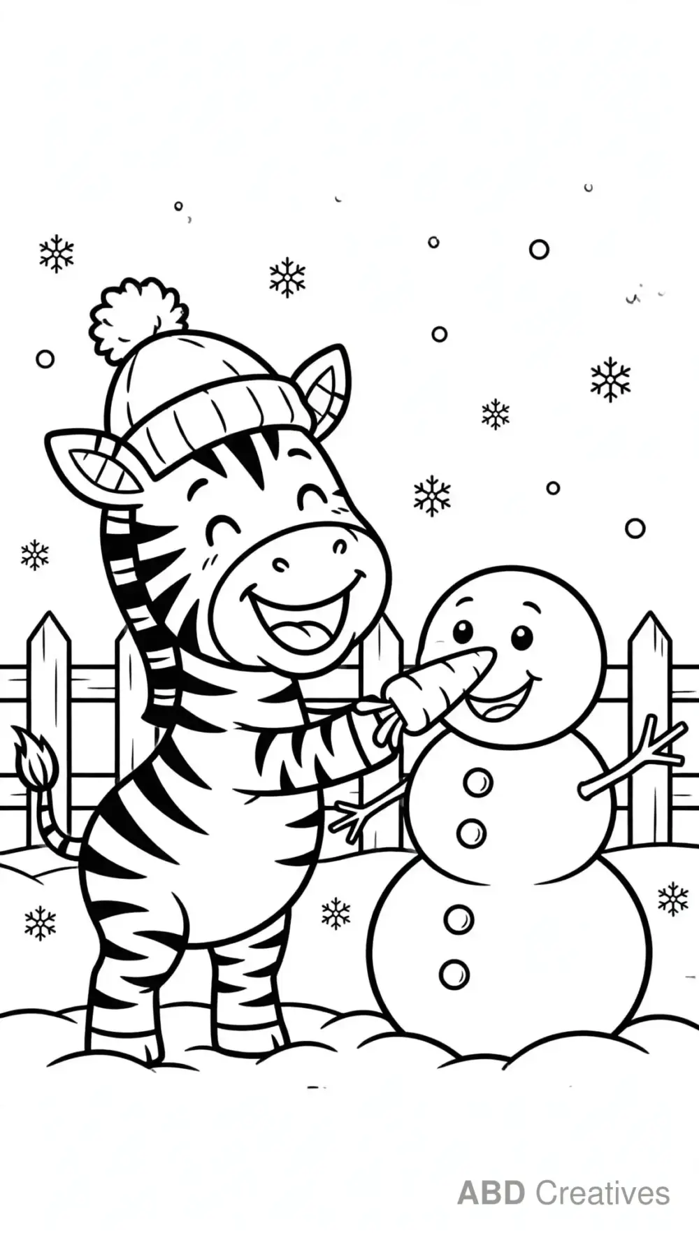Zebra Building a Snowman Coloring Page