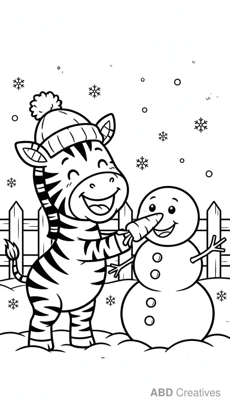 Zebra Building a Snowman Coloring Page