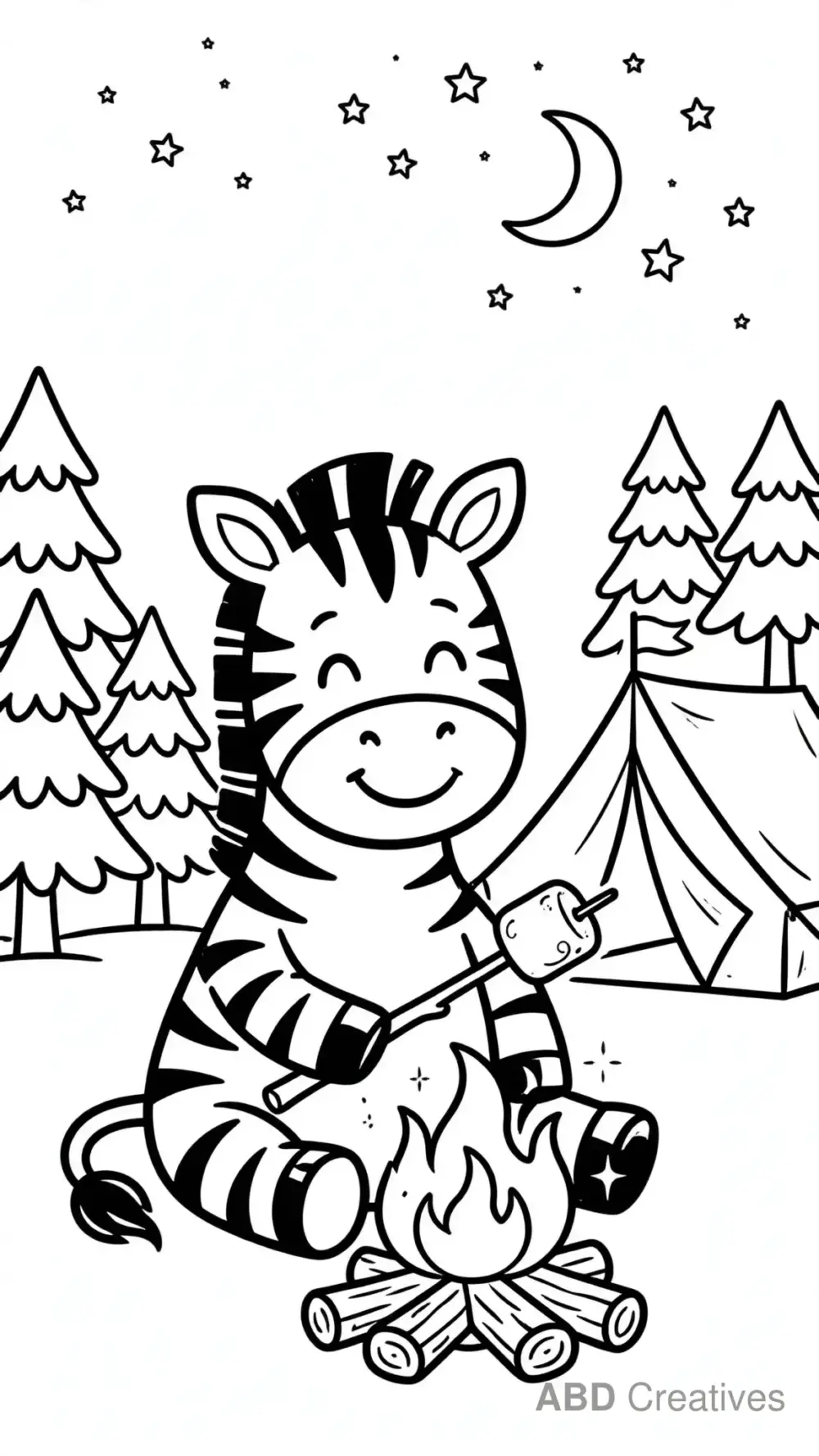 Zebra Camping Under the Stars Coloring Page