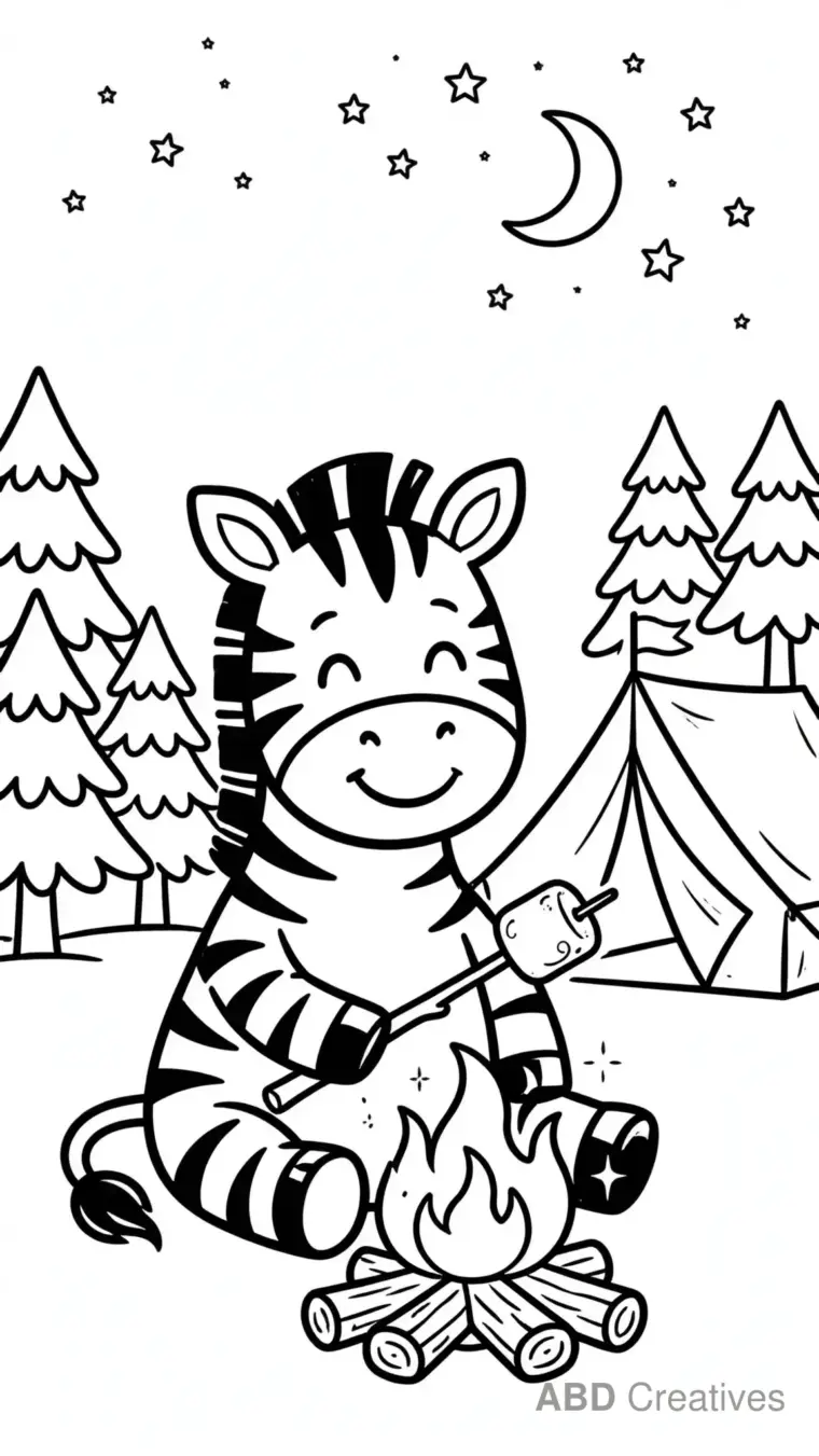 Zebra Camping Under the Stars Coloring Page