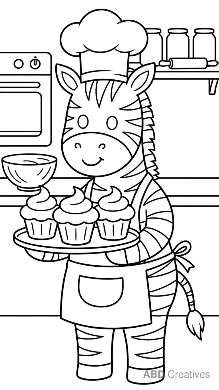 Zebra Chef Baking Cupcakes Coloring Page