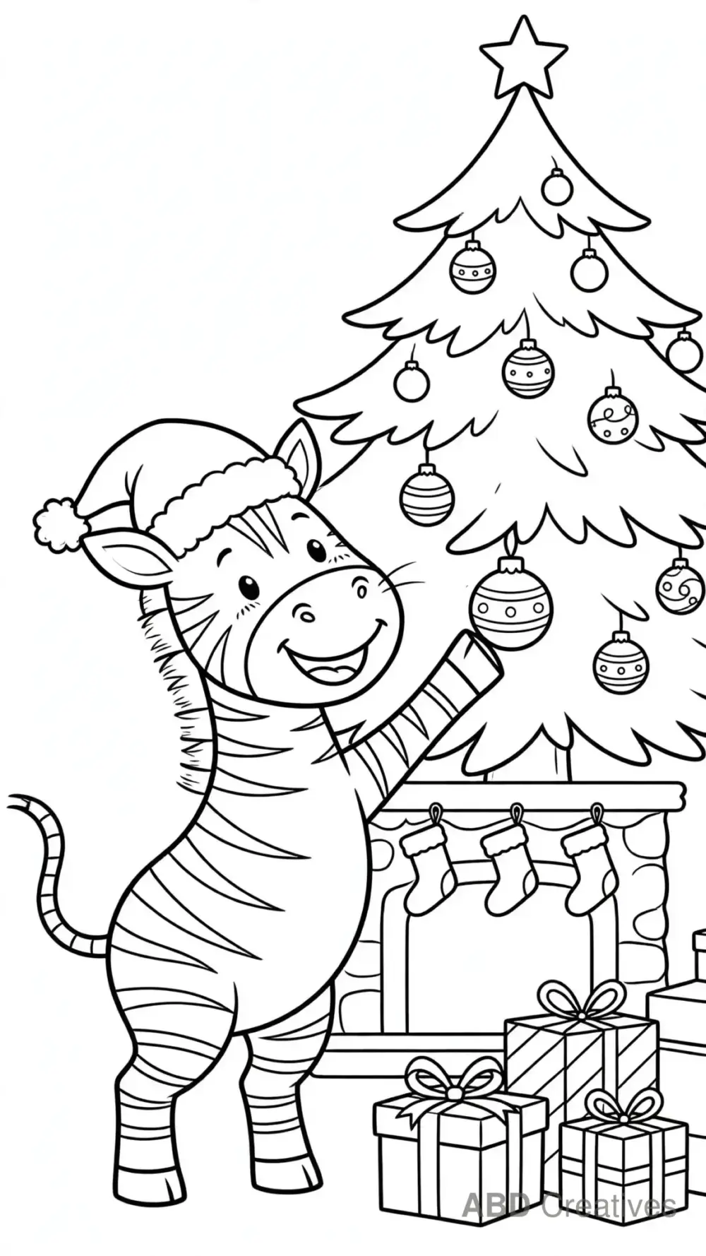 Zebra Decorating a Christmas Tree Coloring Page