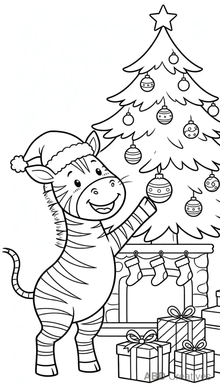Zebra Decorating a Christmas Tree Coloring Page