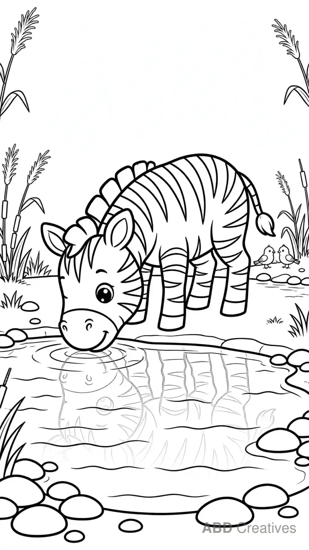 Zebra Drinking at a Waterhole Coloring Page
