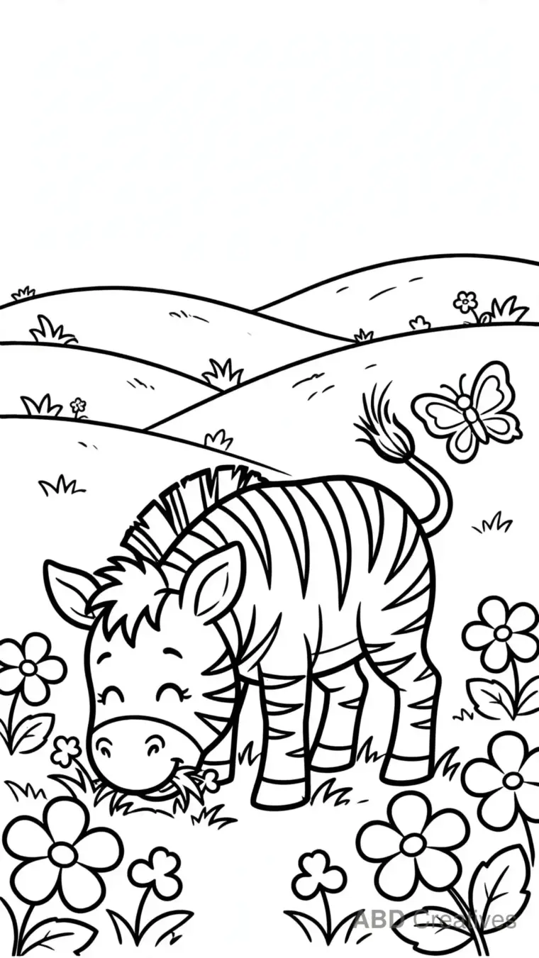 Zebra Eating Grass in a Field Coloring Page
