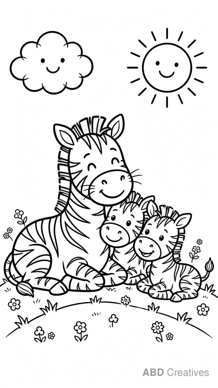 Zebra Family Resting Together Coloring Page