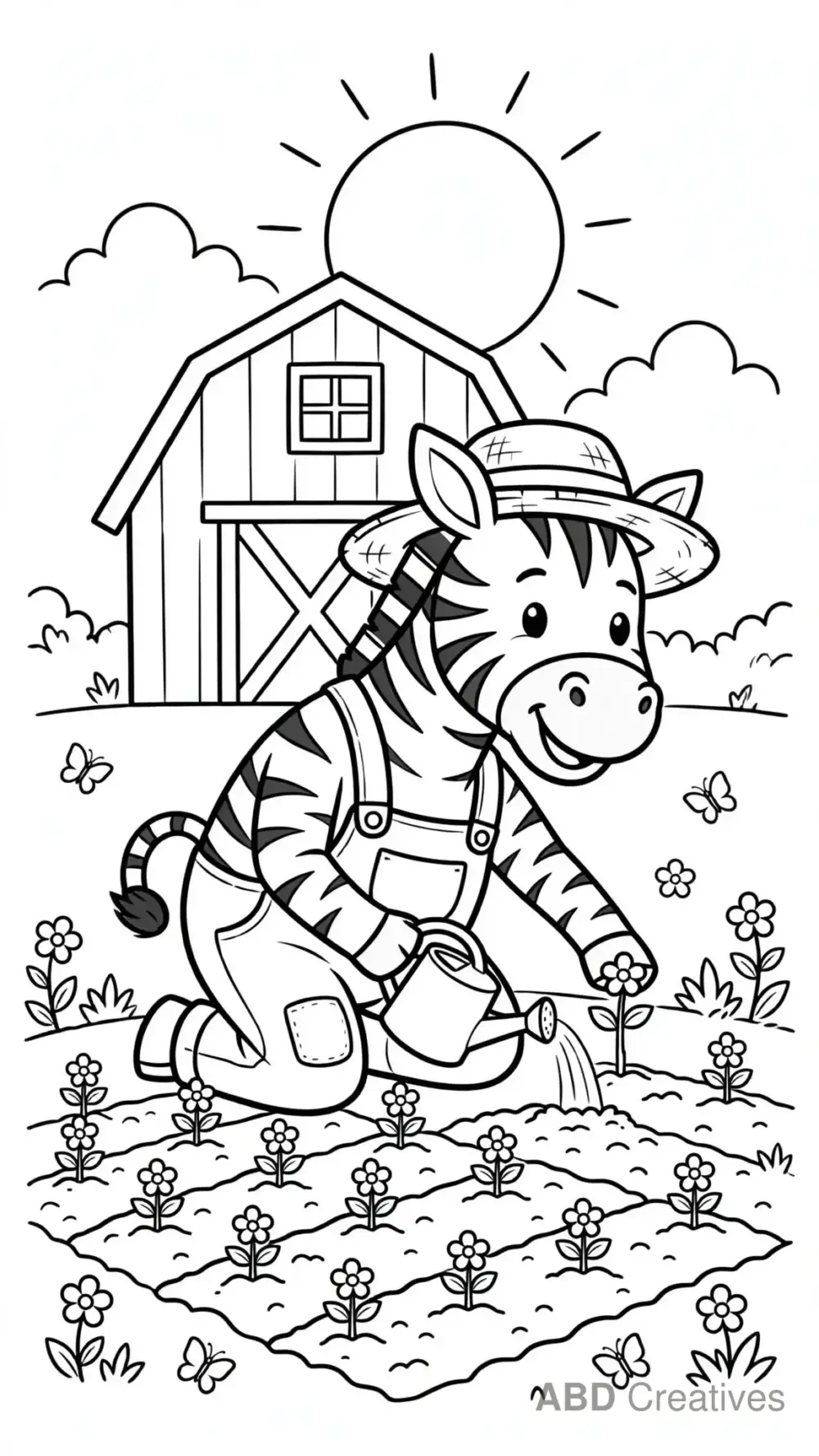 Zebra Farmer Planting Flowers Coloring Page