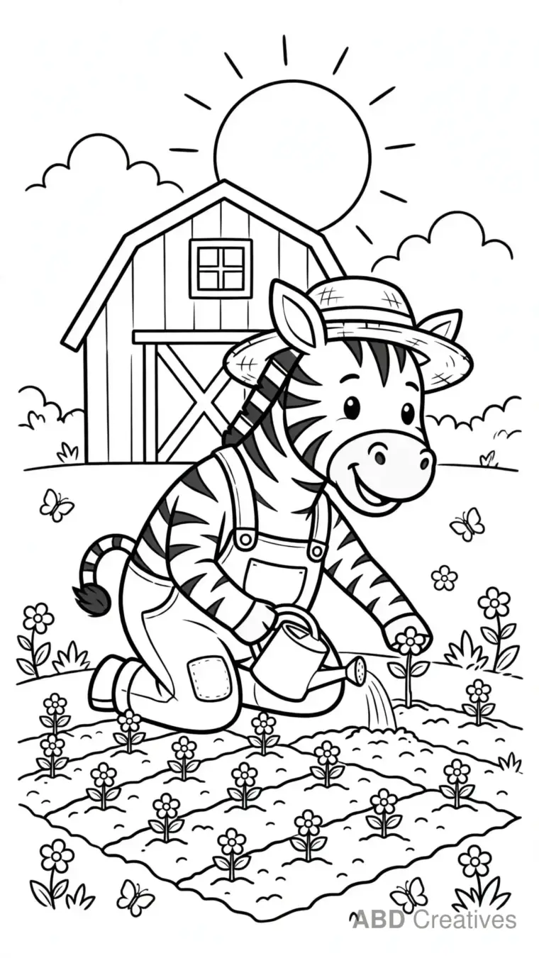 Zebra Farmer Planting Flowers Coloring Page
