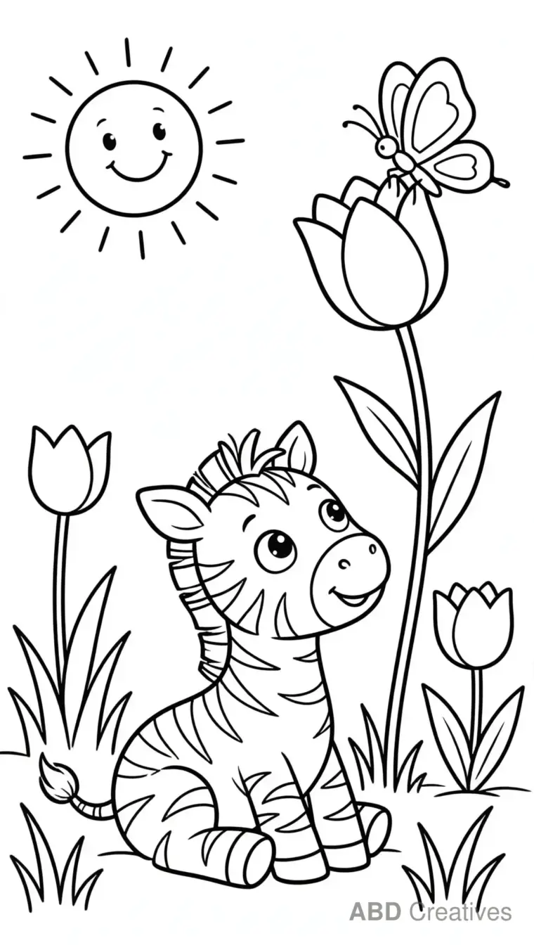 Zebra Foal with a Butterfly Coloring Page