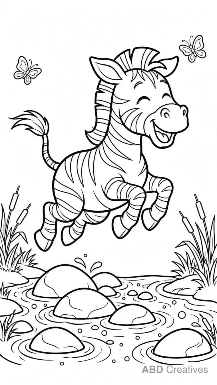 Zebra Jumping Over a Stream Coloring Page