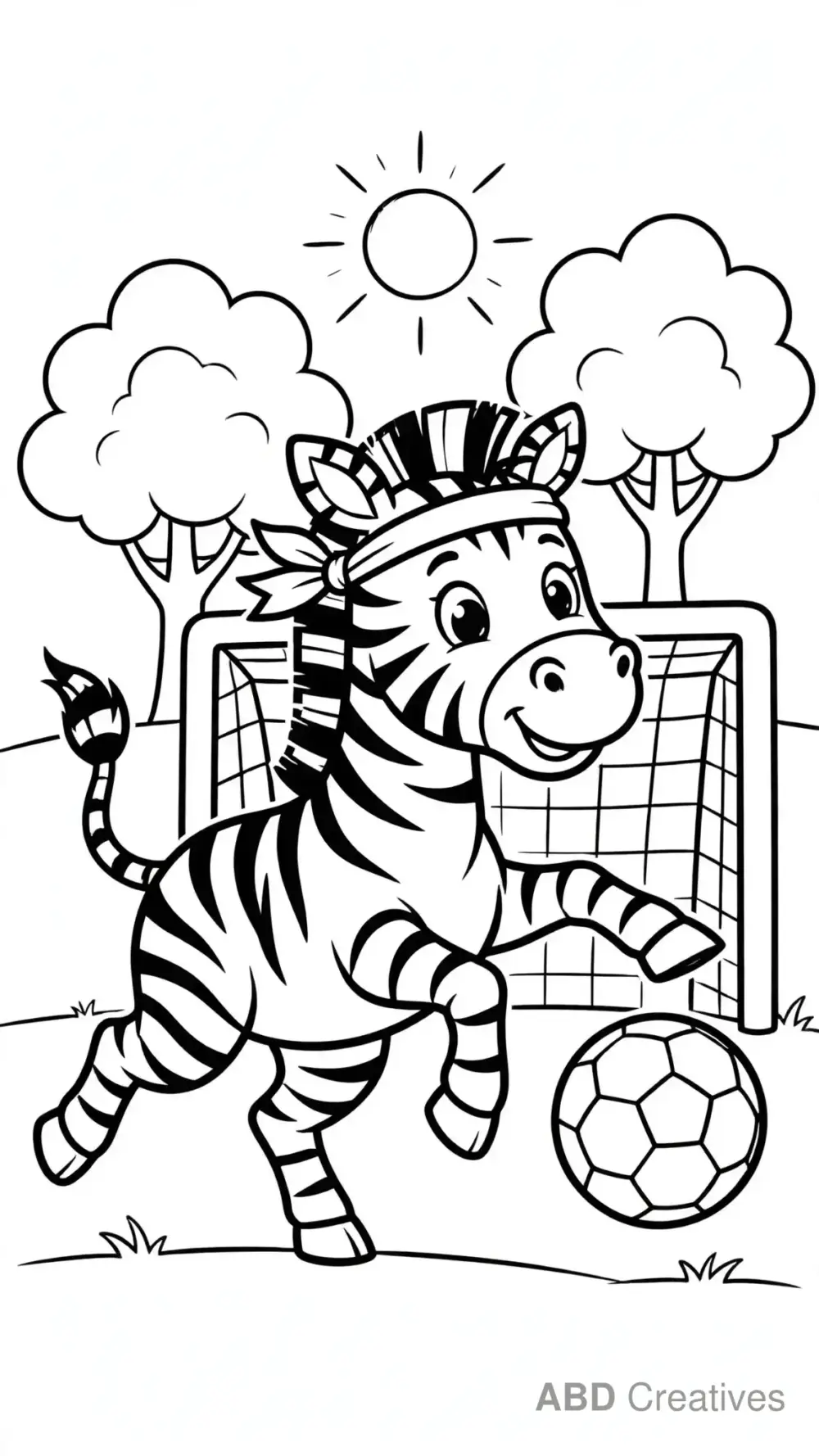 Zebra Playing Soccer in the Park Coloring Page