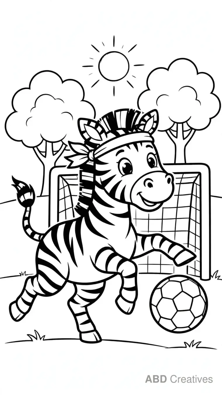 Zebra Playing Soccer in the Park Coloring Page