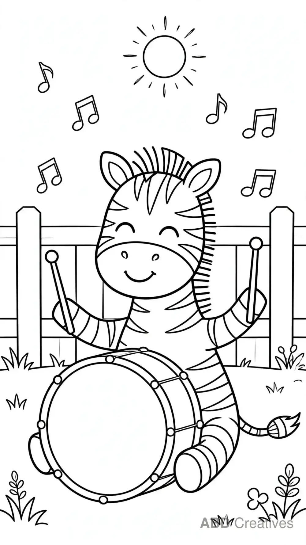 Zebra Playing a Drum in the Yard Coloring Page